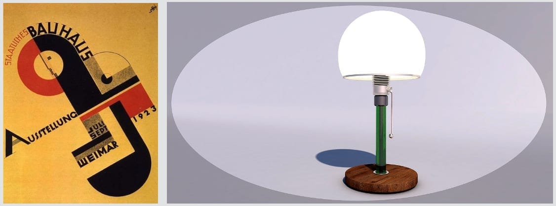The 1923 Bauhaus Weimar exhibition poster beside the Wagenfeld table lamp