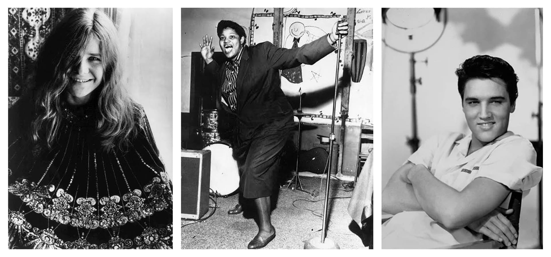 Portraits of Janis Joplin, Big Mama Thornton, and Elvis Presley side by side