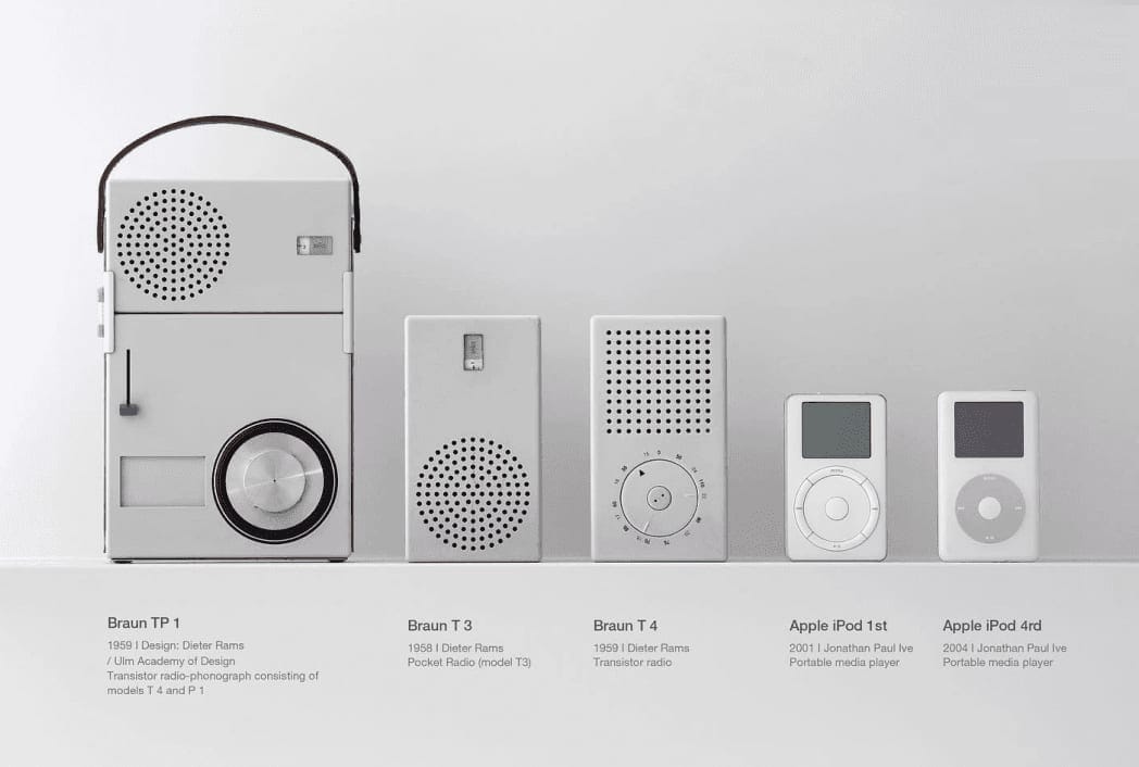 Braun radios designed by Dieter Rams lined up beside first- and fourth-generation Apple iPods