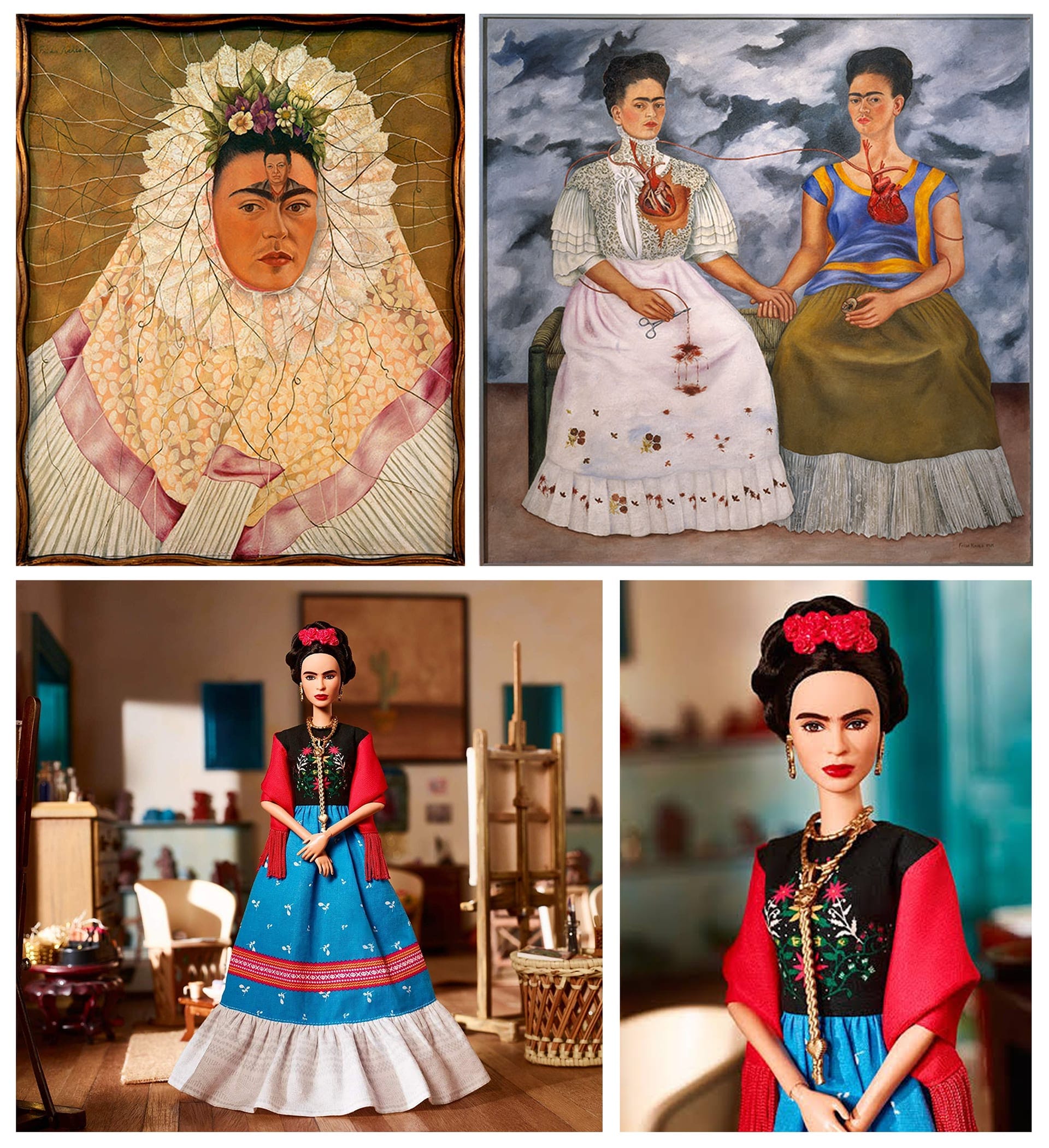 Frida Kahlo’s self-portraits alongside Mattel’s Frida Kahlo Barbie doll