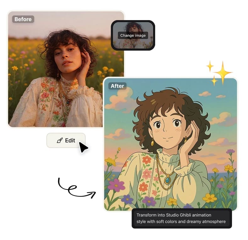 An AI image editor turning a photograph of a woman in a flower field into a Studio Ghibli-style illustration