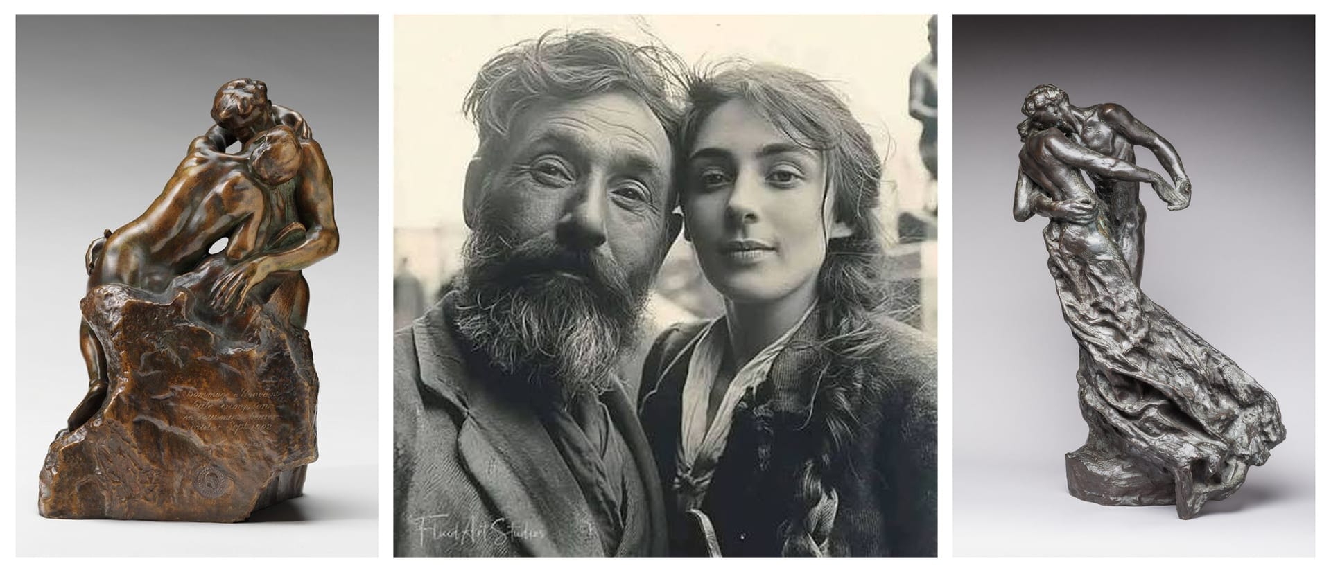 Rodin’s The Kiss, a photograph of Auguste Rodin with Camille Claudel, and Claudel’s The Waltz