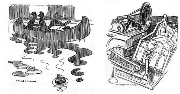 Two Strothmann illustrations from Sousa’s essay: a couple in a canoe listening to recorded music, and a gramophone rigged over a crib