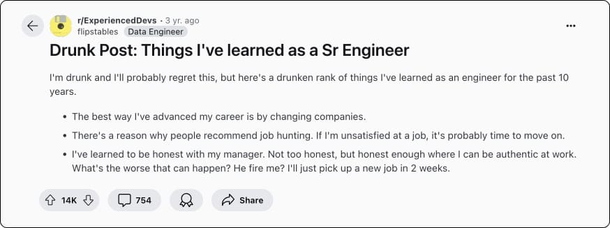 Excerpt from a top post in r/ExperiencedDevs noting the recruiter-driven retention era
